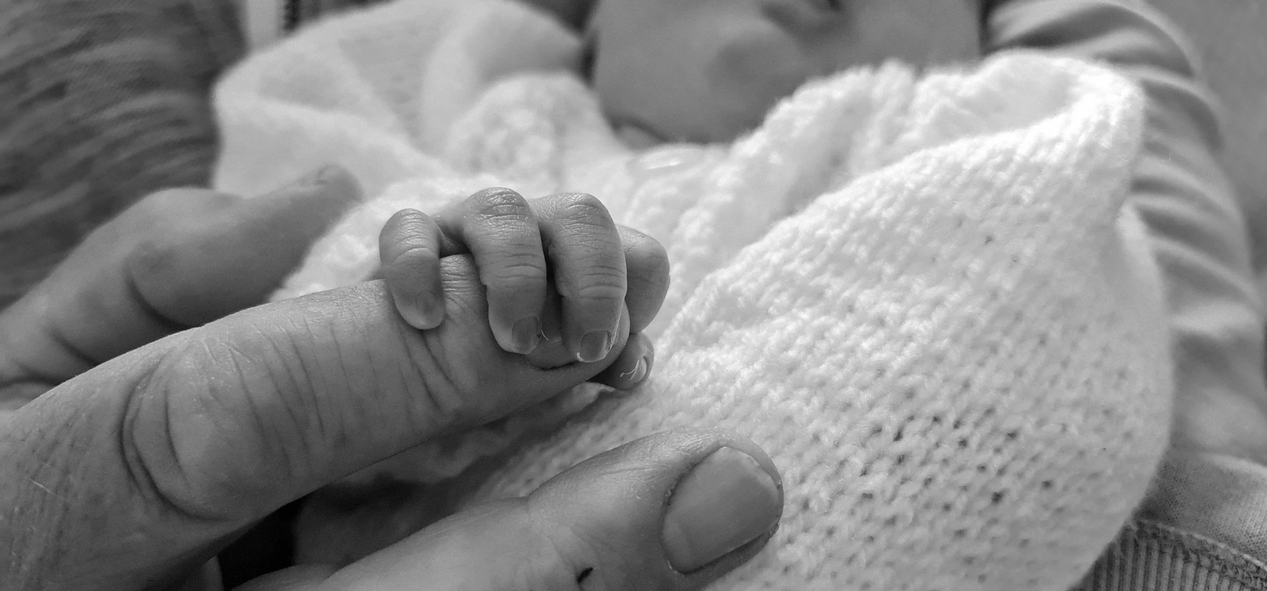 A close-up black-and-white photo of an adult's hand holding a small baby's hand, both resting on a soft, textured blanket.