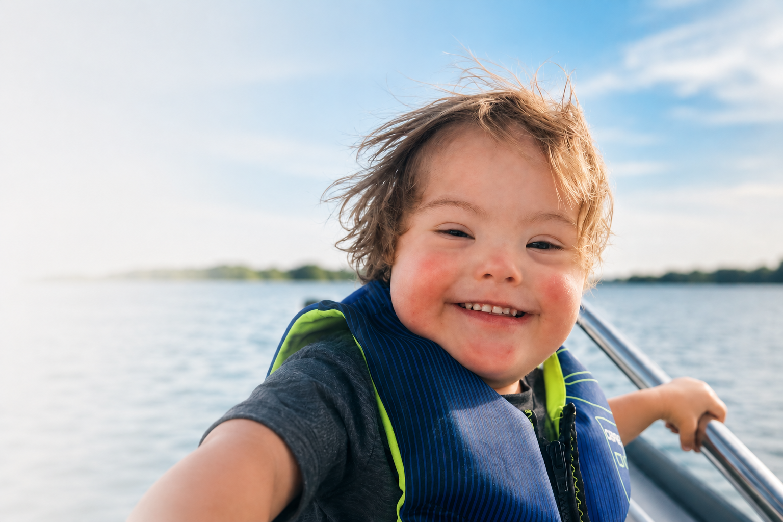 A young boy with wet, curly hair smiling on a boat with water and a blue sky in the background.