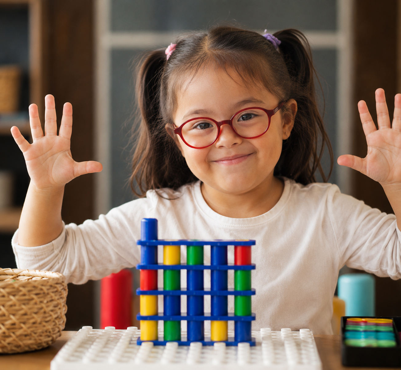A young girl with glasses smiling and waving at the camera, seated at a table with colorful stacking game pieces.