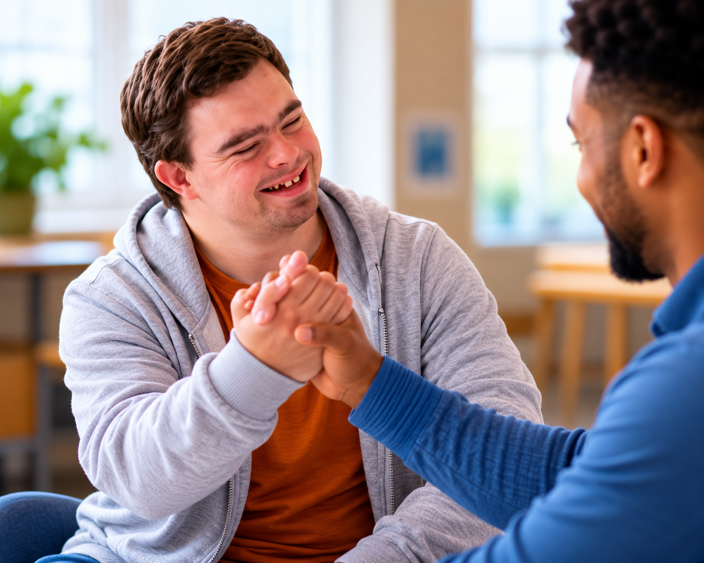 Two men engaging in an arm wrestling match and smiling in a bright room.