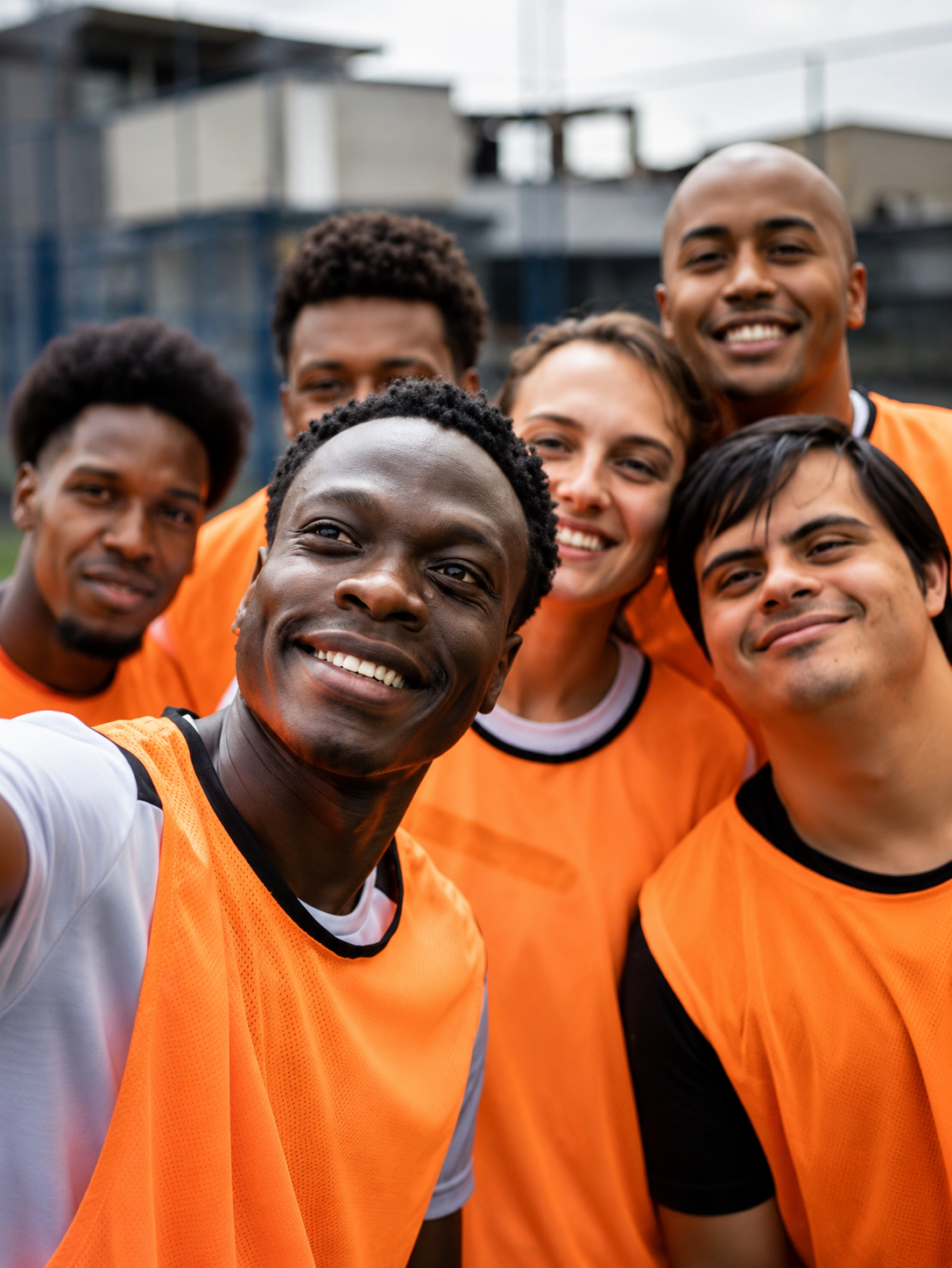 A group of six diverse young adults in orange sports jerseys taking a selfie on an outdoor sports field.