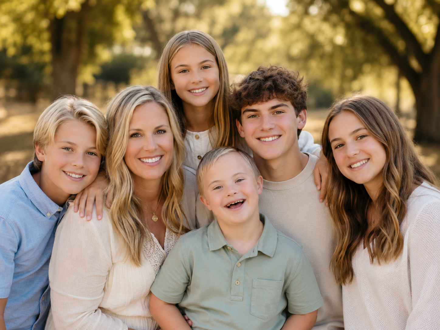 A group of seven people, including three boys, three girls, and one woman, smiling and posing outdoors in a park with trees in the background.