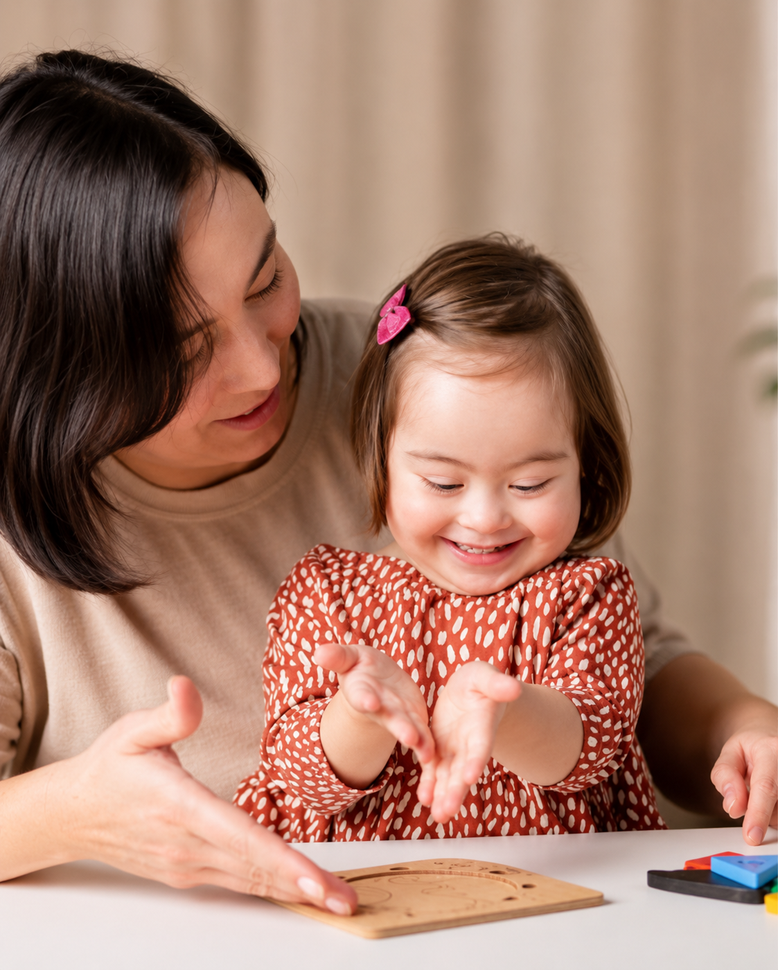 Mother and young daughter playing a board game together at a table.