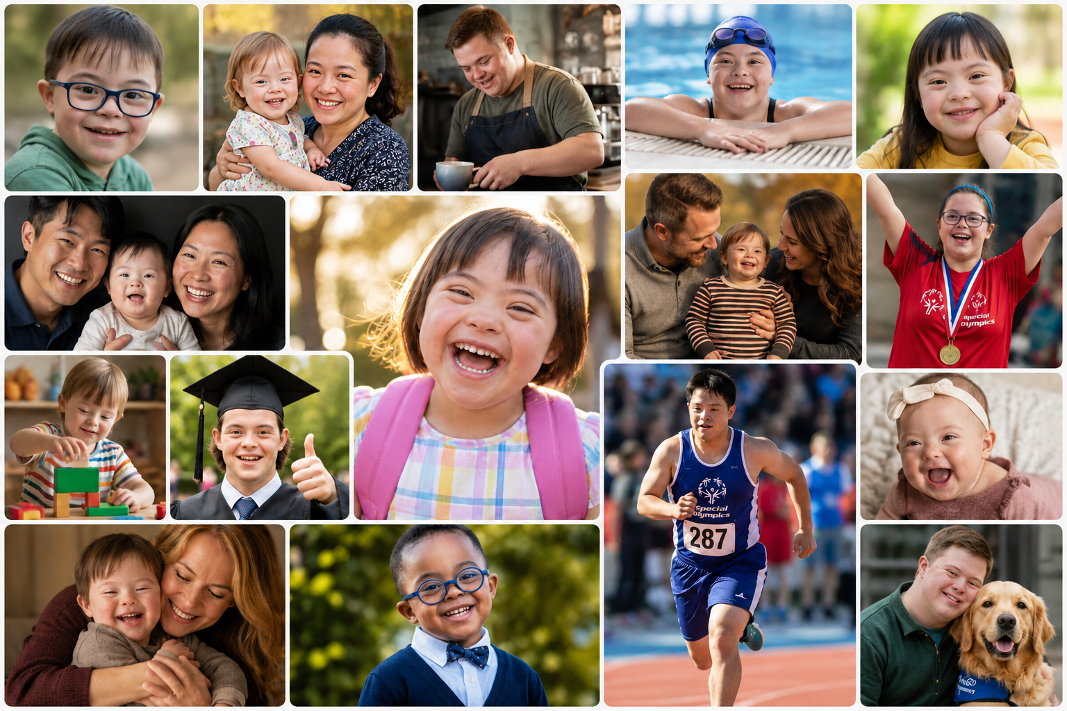 Collage of children, families, and individuals enjoying various activities: smiling children, family moments, a man working in a cafe, a swimmer at the pool, a girl with a medal, a boy with a backpack, a child playing with blocks, a graduate, a runner in a race, and a woman with a young child, all in outdoor and indoor settings.