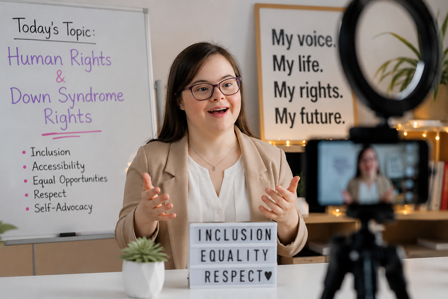 Confident young woman with Down Syndrome advocating for human rights.