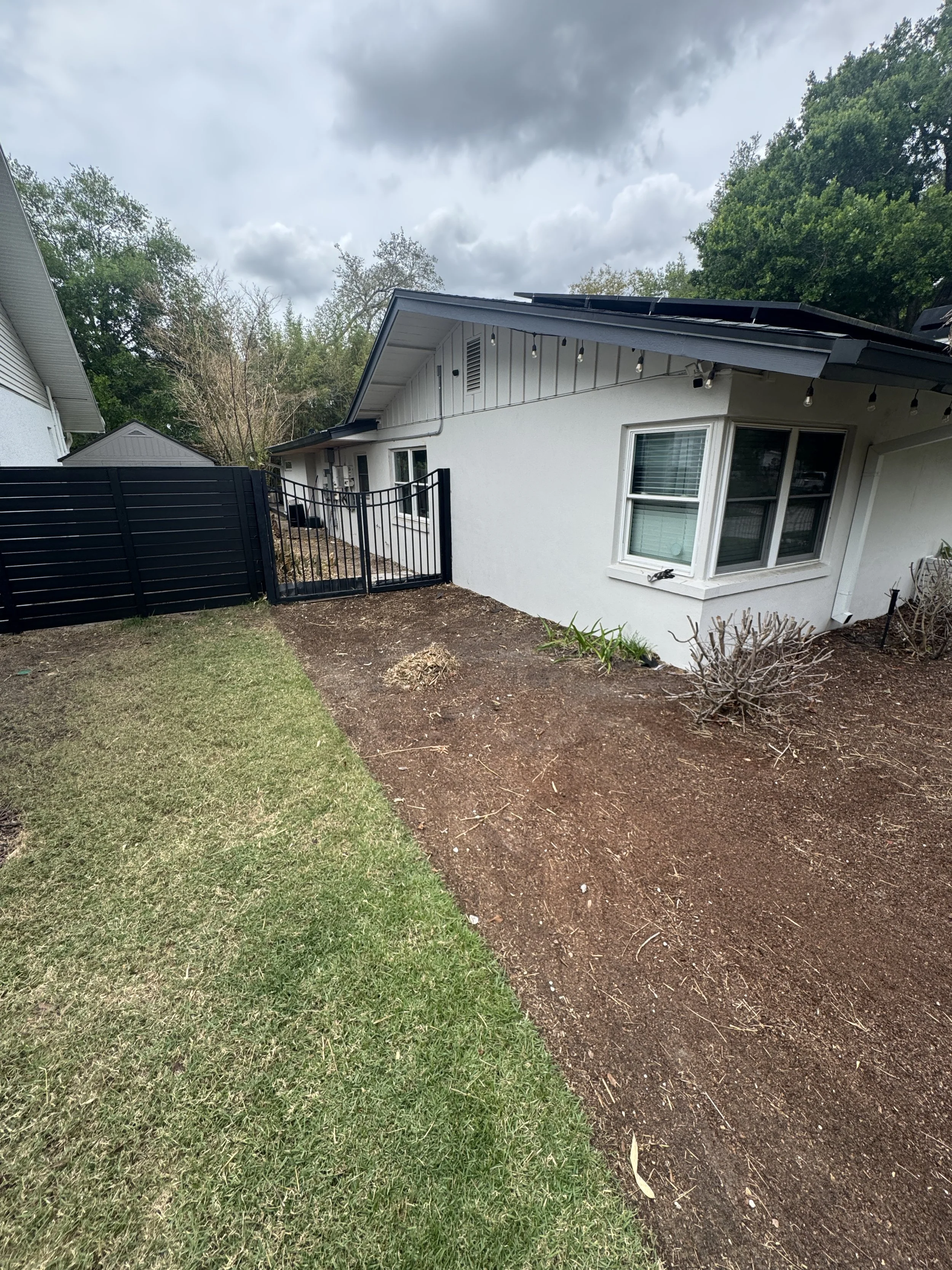 A backyard with green grass on the left and a patch of dirt on the right, a white house with windows, a black fence, and cloudy sky overhead.