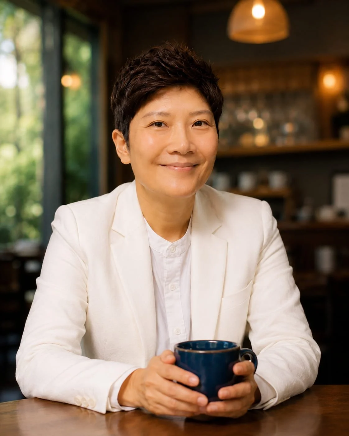 A woman with short, dark hair wearing a white blazer and shirt, smiling while holding a dark blue coffee mug in a cozy cafe with large windows and greenery outside.