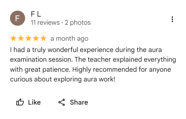 Screenshot of a Google review from FL with five stars, praising an aura examination session, mentioning the teacher's patience and recommending aura work exploration.