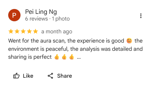 Screenshot of a Google review by Pei Ling Ng, giving five stars for a service related to an aura scan, mentioning a peaceful environment and detailed analysis.