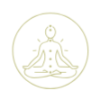 Line drawing of a person meditating in a seated pose with a lotus flower symbol above their head, enclosed in a circular outline.