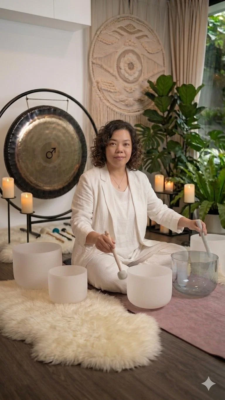 A woman in white clothing playing crystal bowls in a room decorated with candles, potted plants, and a large gong.