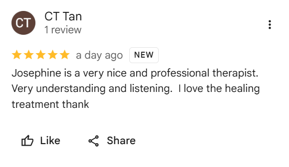 Screenshot of a 5-star review for a therapist named Josephine on a review platform, posted by CT Tan.
