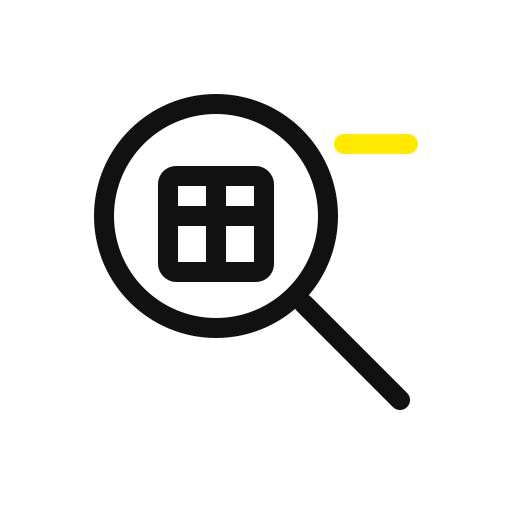 Magnifying glass over a square grid icon, with a yellow bar above.