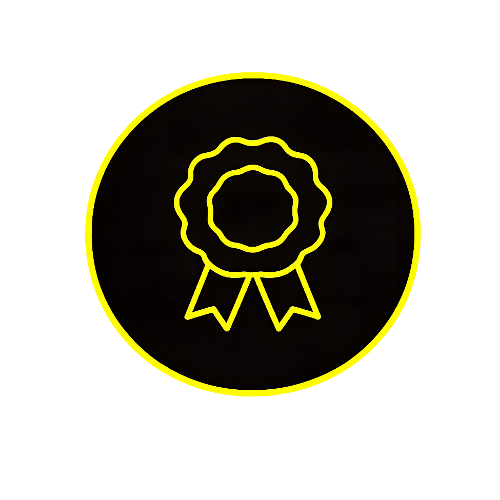 Neon yellow outline of a ribbon or award badge with a circular center and two ribbon tails on a black background.