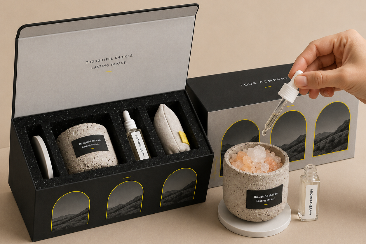 A gift box containing aromatherapy products and a small bowl of bath salts with a dropper, set on a beige surface.