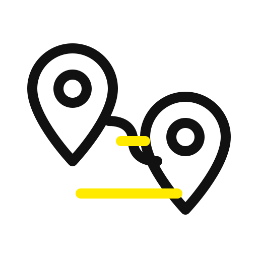 Map with two location pins connected by a curved line, and two horizontal lines below, all in yellow.