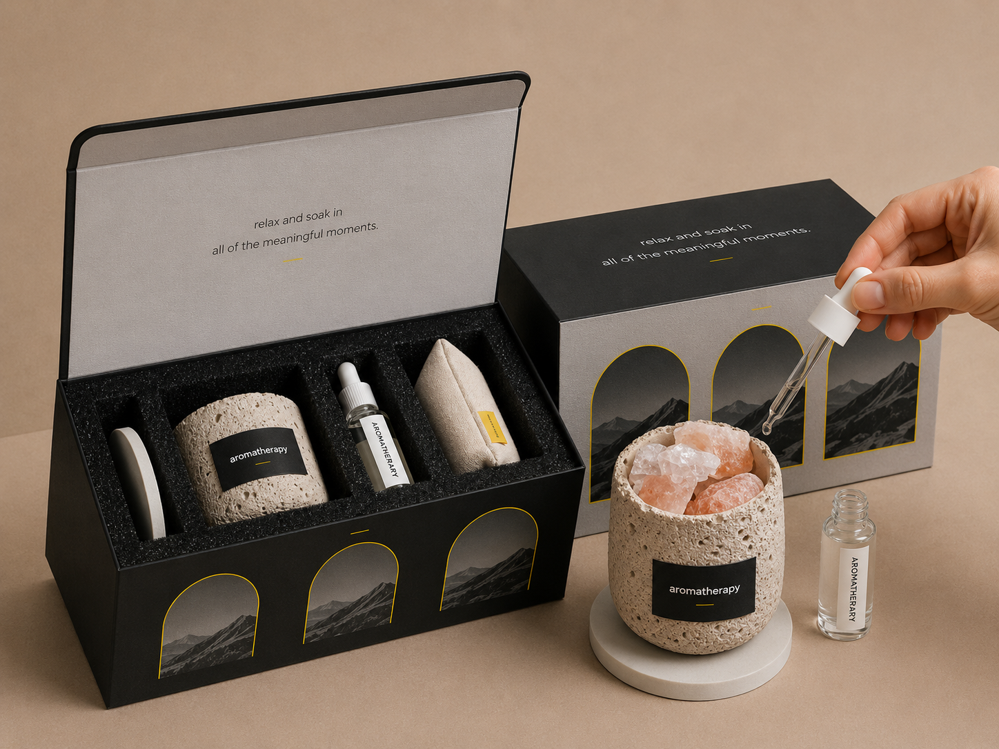 A box of aromatherapy products, including a essential oil bottle, a mushroom-shaped container, and a small rolled cloth, with a person placing Himalayan salt stones into a textured container labeled 'aromatherapy'.