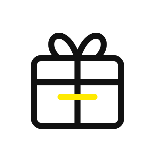 Outline icon of a gift box with a bow on top and a yellow label in the center.