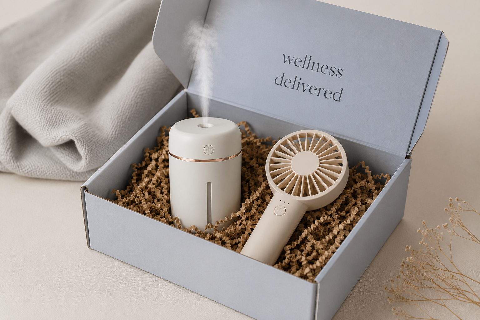 A gift box with a portable humidifier and a handheld fan, labeled 'wellness delivered,' on a soft beige surface with a beige fabric and dried flowers nearby.