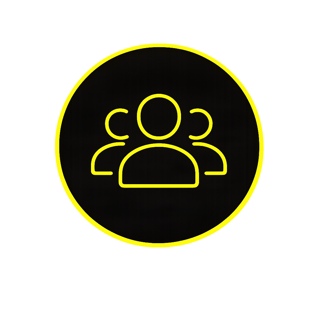 Neon sign with a yellow circle and icon of three people, indicating a group or community.
