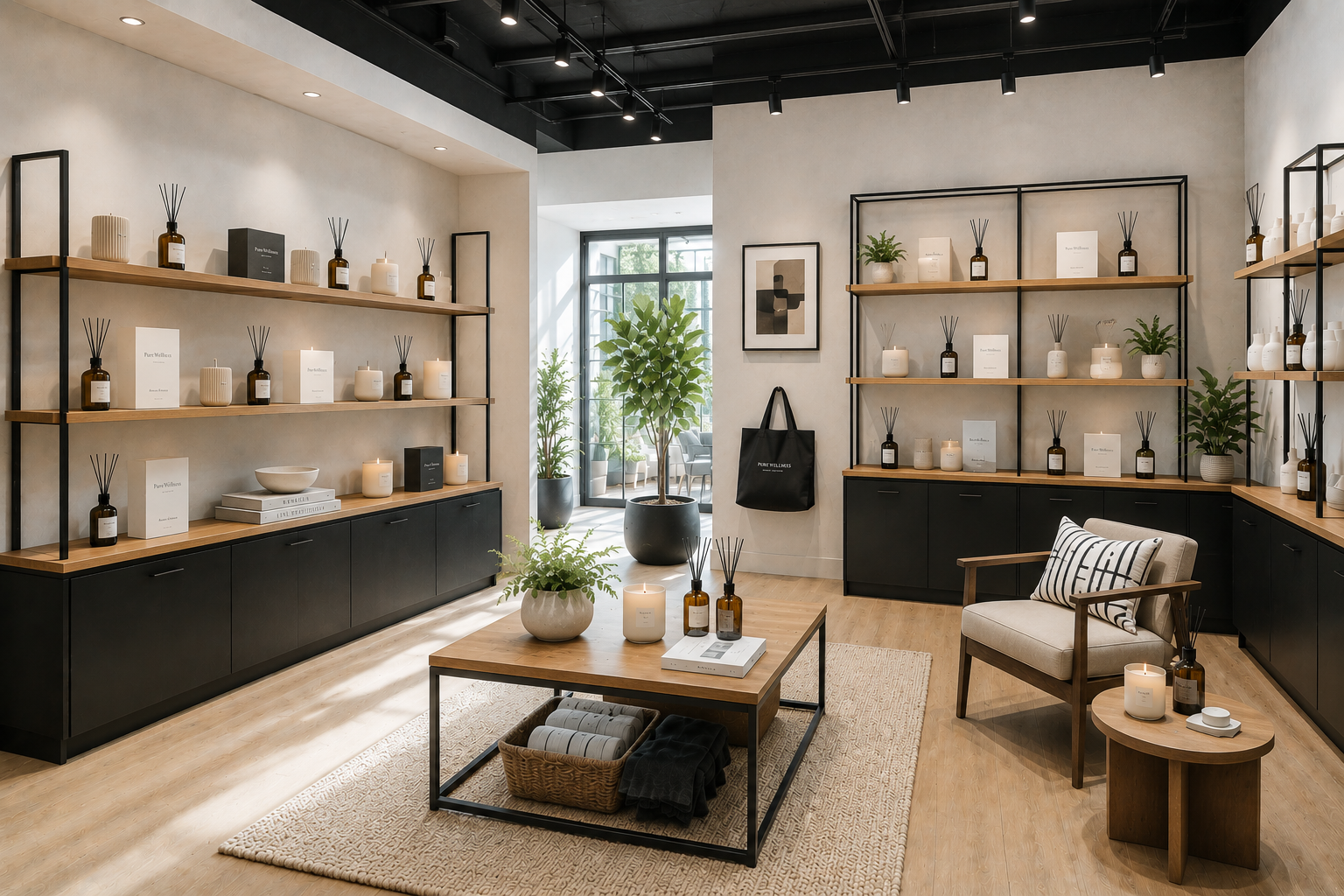 A modern retail store interior with wooden and black shelving displays holding diffusers and candles, a sitting area with a armchair and side table, potted plants, and a glass door letting in natural light.