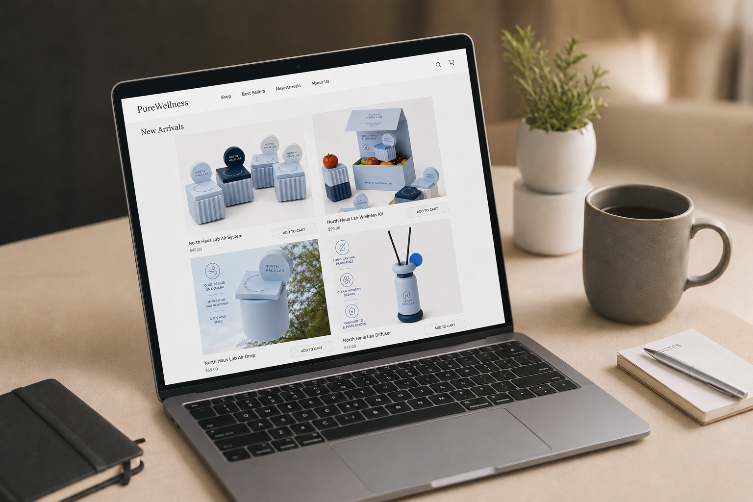 Laptop displaying an online store called PureWellness with wellness product images, a potted plant, a mug of coffee, and a notepad with a pen on a desk.