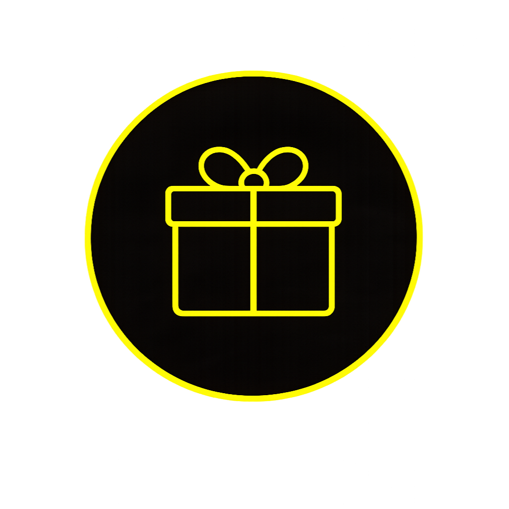 Icon of a gift box with a bow inside a black circle with a yellow outline.