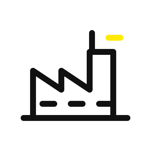 Icon of a factory with a smokestack and a yellow particle above it, representing industrial activity or manufacturing.