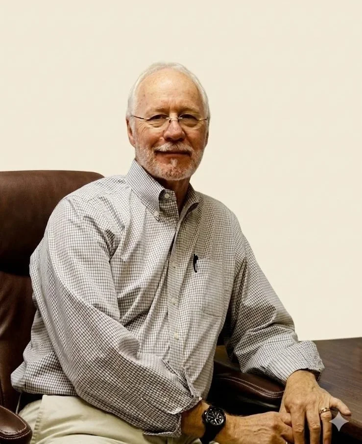 An older man with glasses, a white beard, and a mustache, smiling while sitting in a brown leather office chair at a dark wood desk, wearing a checkered button-up shirt and a watch on his left wrist.