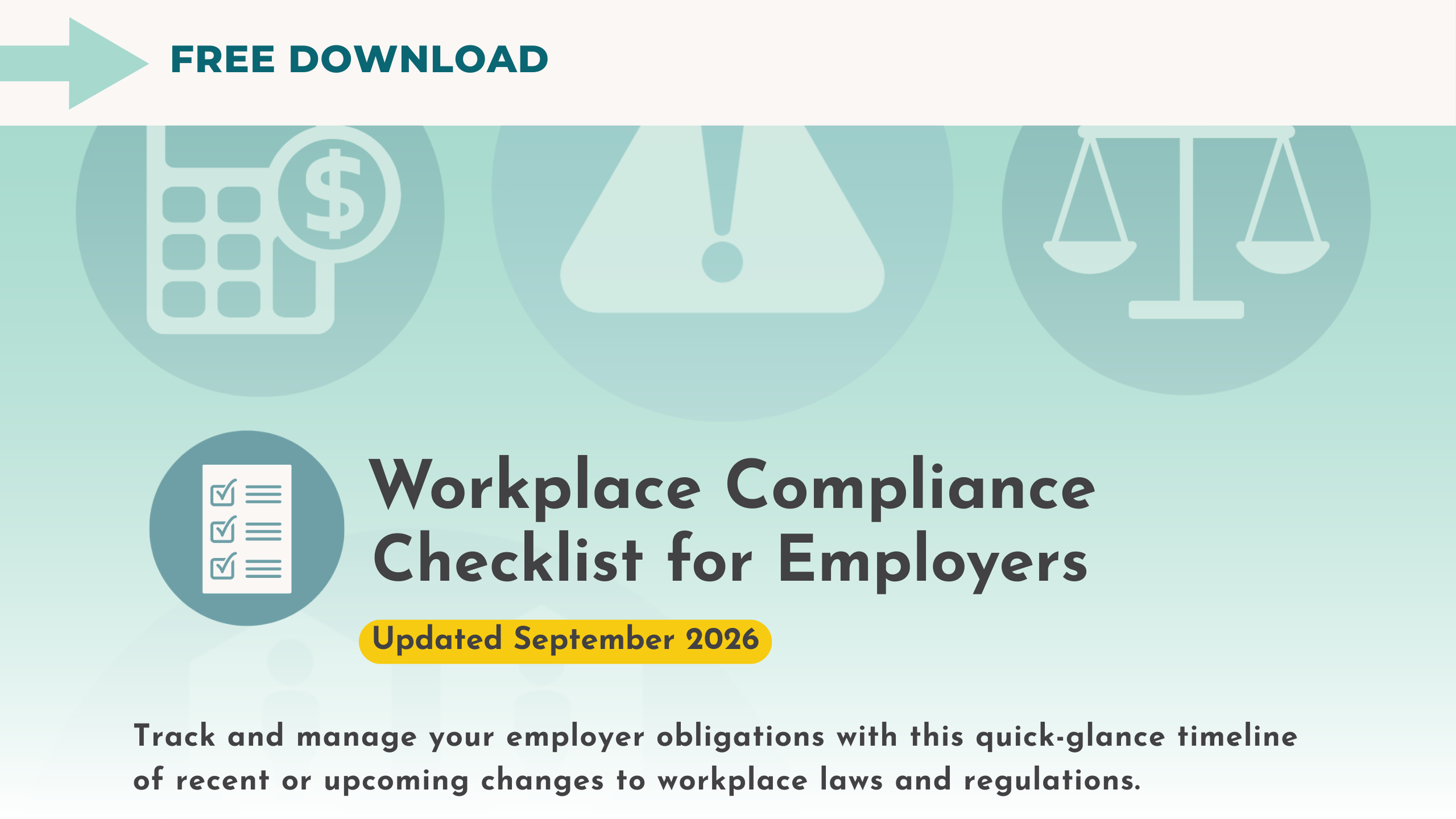 Cover page of a workplace laws and regulations compliance checklist guide, updated September 2026, featuring a checklist icon and a header promoting a free download.