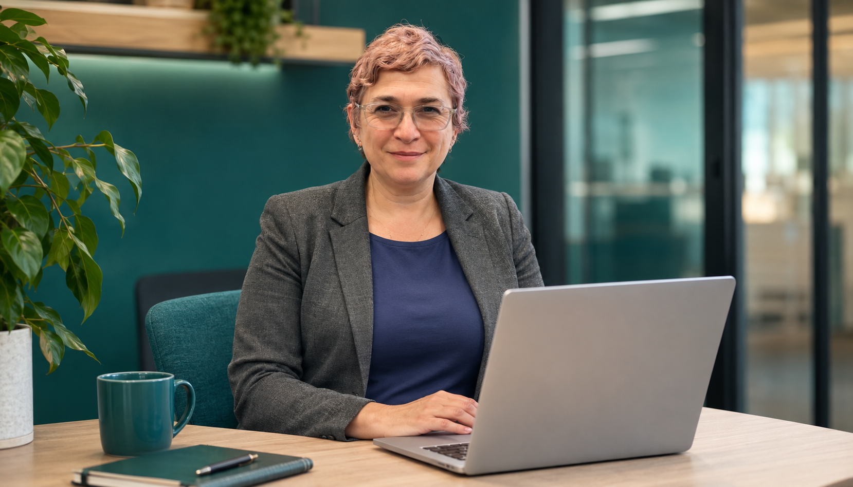 Professional woman with short hair and glasses sitting at desk and laptop. Teal decor.