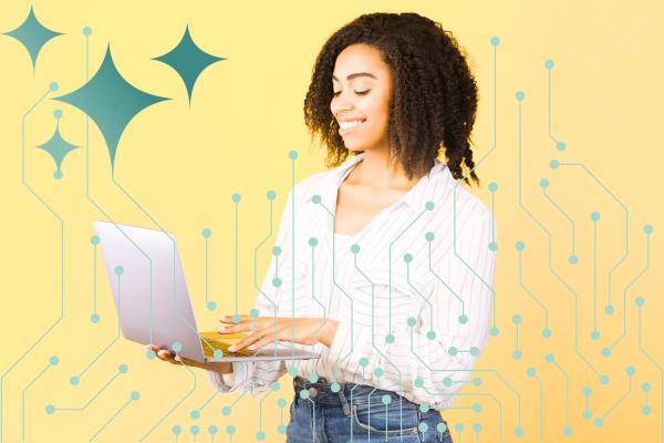 woman standing, holding her laptop, smiling and looking at laptop. yellow background, digital AI symbology overlay in teal