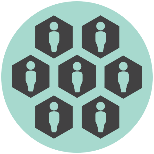 Graphic illustration of seven human figures inside hexagons, arranged in a honeycomb pattern, on a light blue circular background.