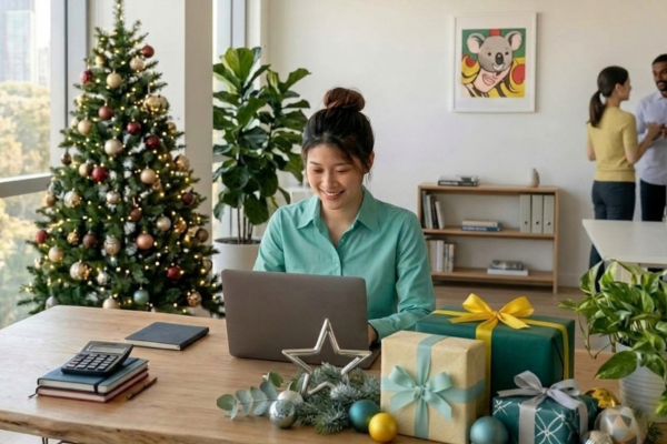 professional woman in teal shirt working at laptop. Christmas theme.