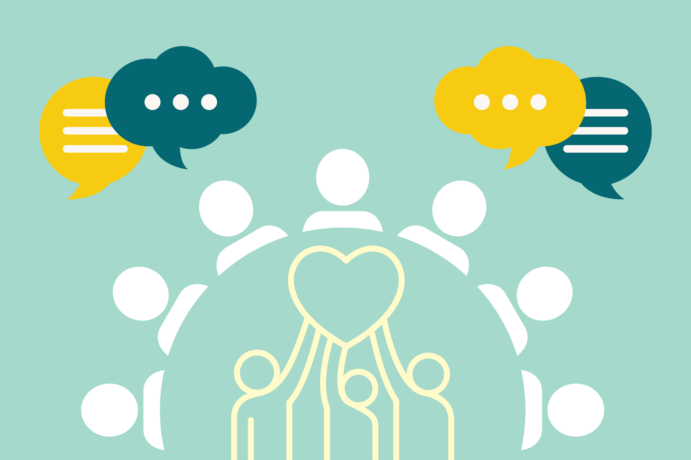 Teal background, green and yellow speech bubbles in the top corners. White circle of people icons. People holding up heart in the centre (icons).
