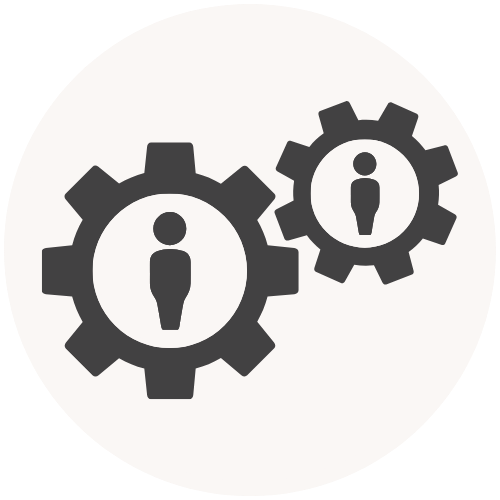 Two gear icons with human figures inside, representing teamwork or human resources.