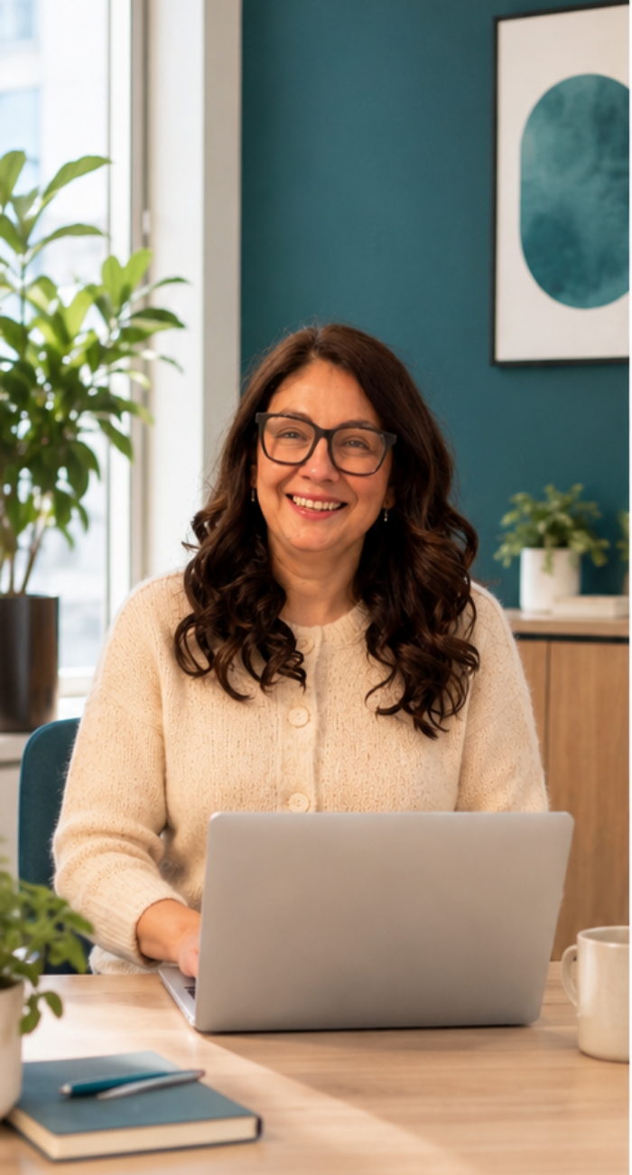 Professional woman wearing glasses, smiling, at desk with laptop