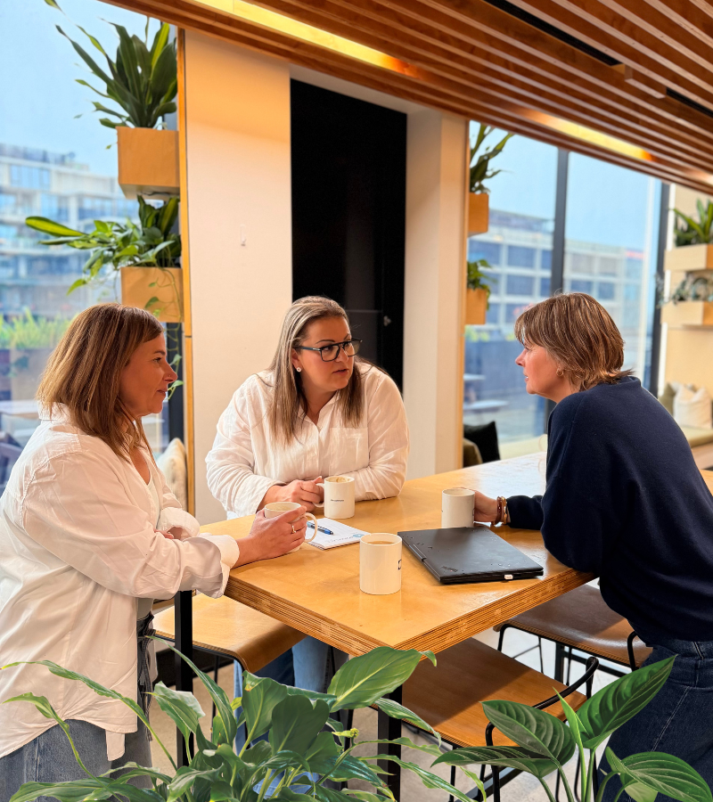 Three professional women collaborating at a table. Indoor plants around.