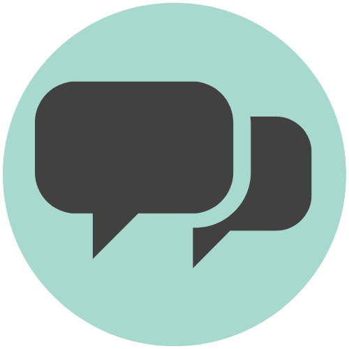Icon of two speech bubbles, one large and one small, on a light teal circular background.