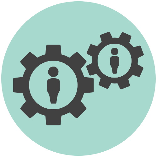 Two gears with silhouettes of people inside, representing teamwork or human resources.