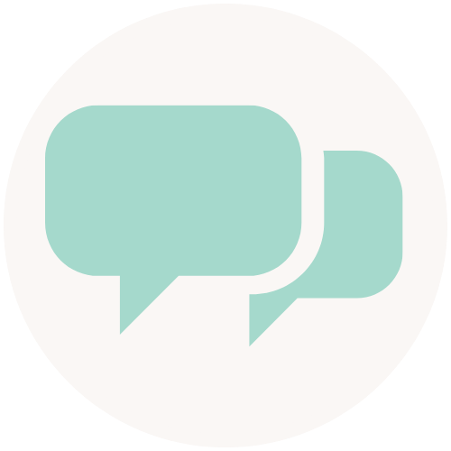 Two overlapping speech bubbles icon in a light teal color on a white circular background.