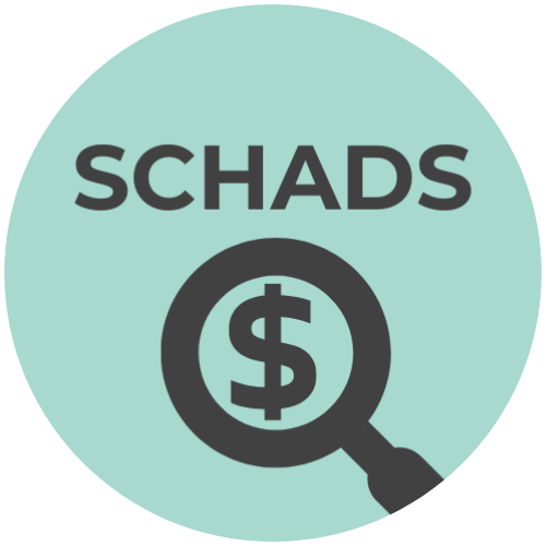 An emblem with the word 'SCHADS' at the top, a dollar sign inside a magnifying glass, and a light blue background.