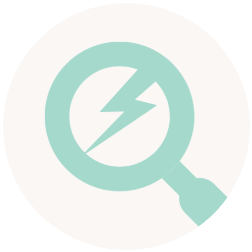Magnifying glass with a lightning bolt symbol inside.