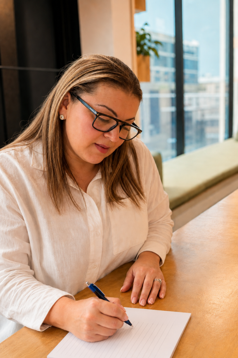 Professional woman in glasses writing on a notepad