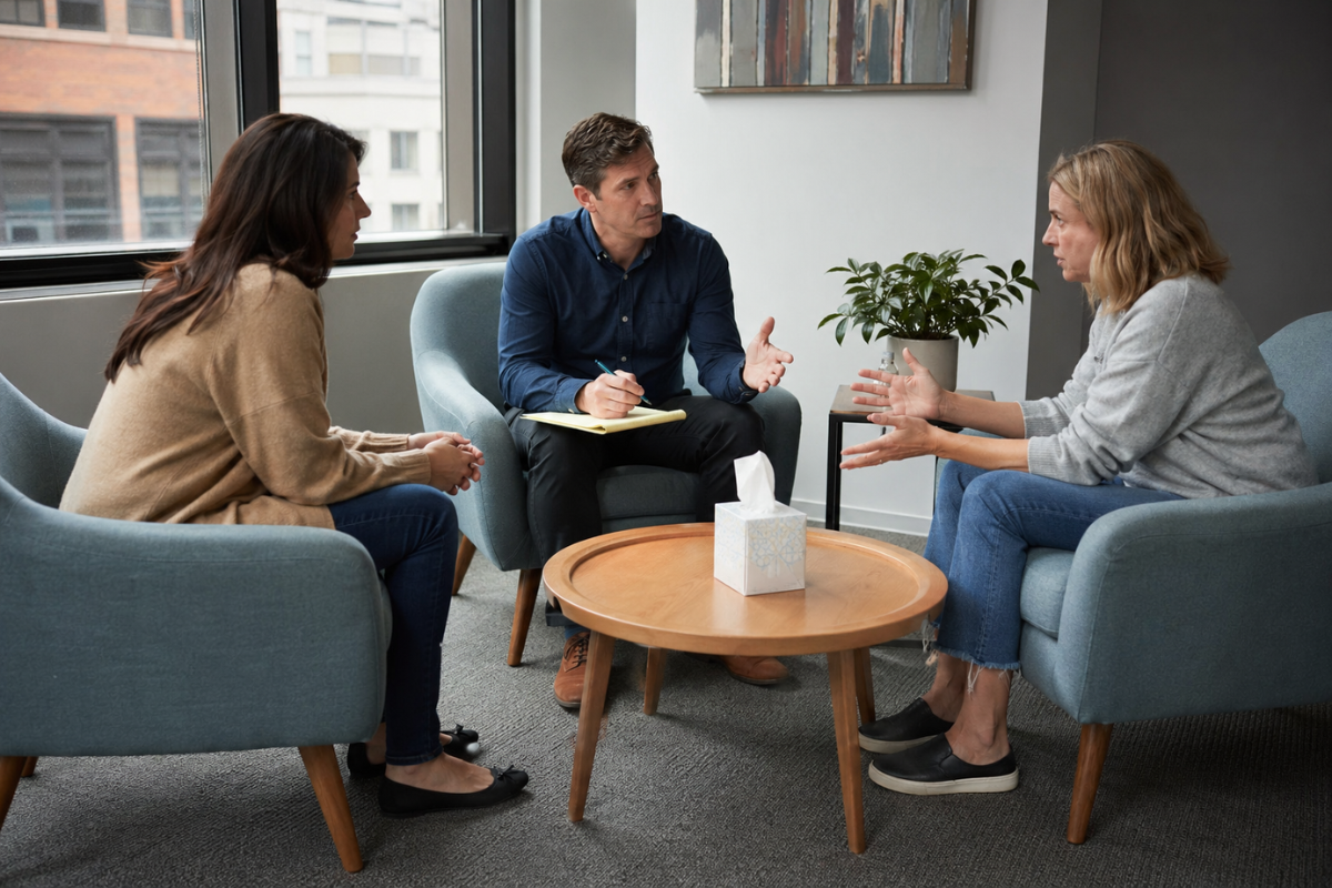 Three people having a serious conversation in a therapy or counseling session, seated in a circle in a modern office with large windows and a potted plant.