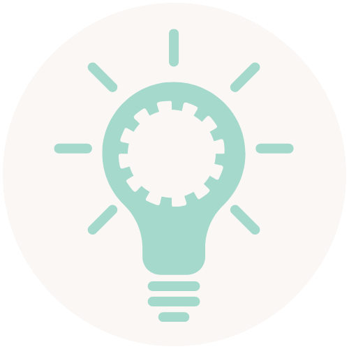 Icon of a light bulb with gear inside, representing ideas or innovation.
