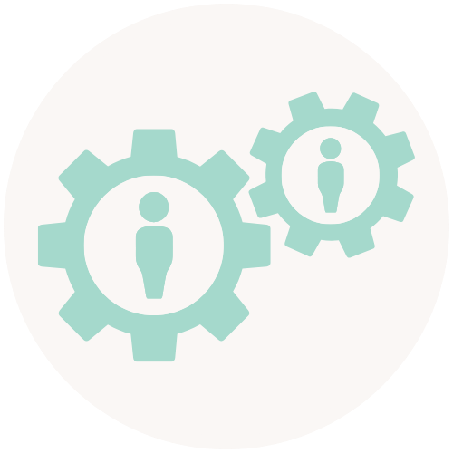 Two gear icons with human figures inside, representing teamwork or human resources.
