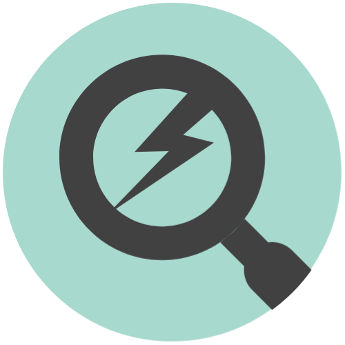 Magnifying glass examining a lightning bolt symbol.