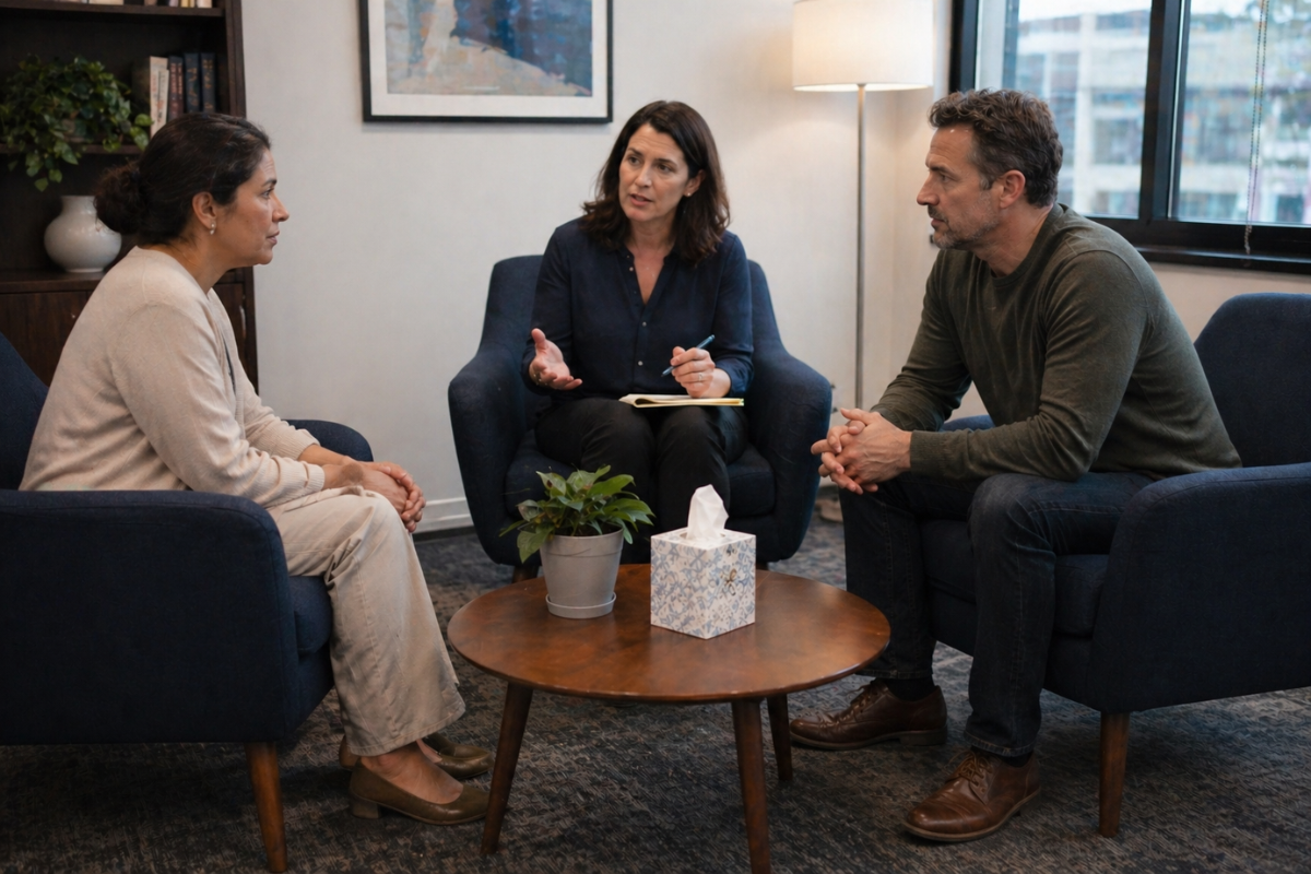 Three people engaged in a discussion in a professional office setting. The woman on the left wears a beige outfit, the woman in the center wears a dark blue blouse, and the man on the right wears a green sweater. They are seated around a small wooden table with a plant and a tissue box.