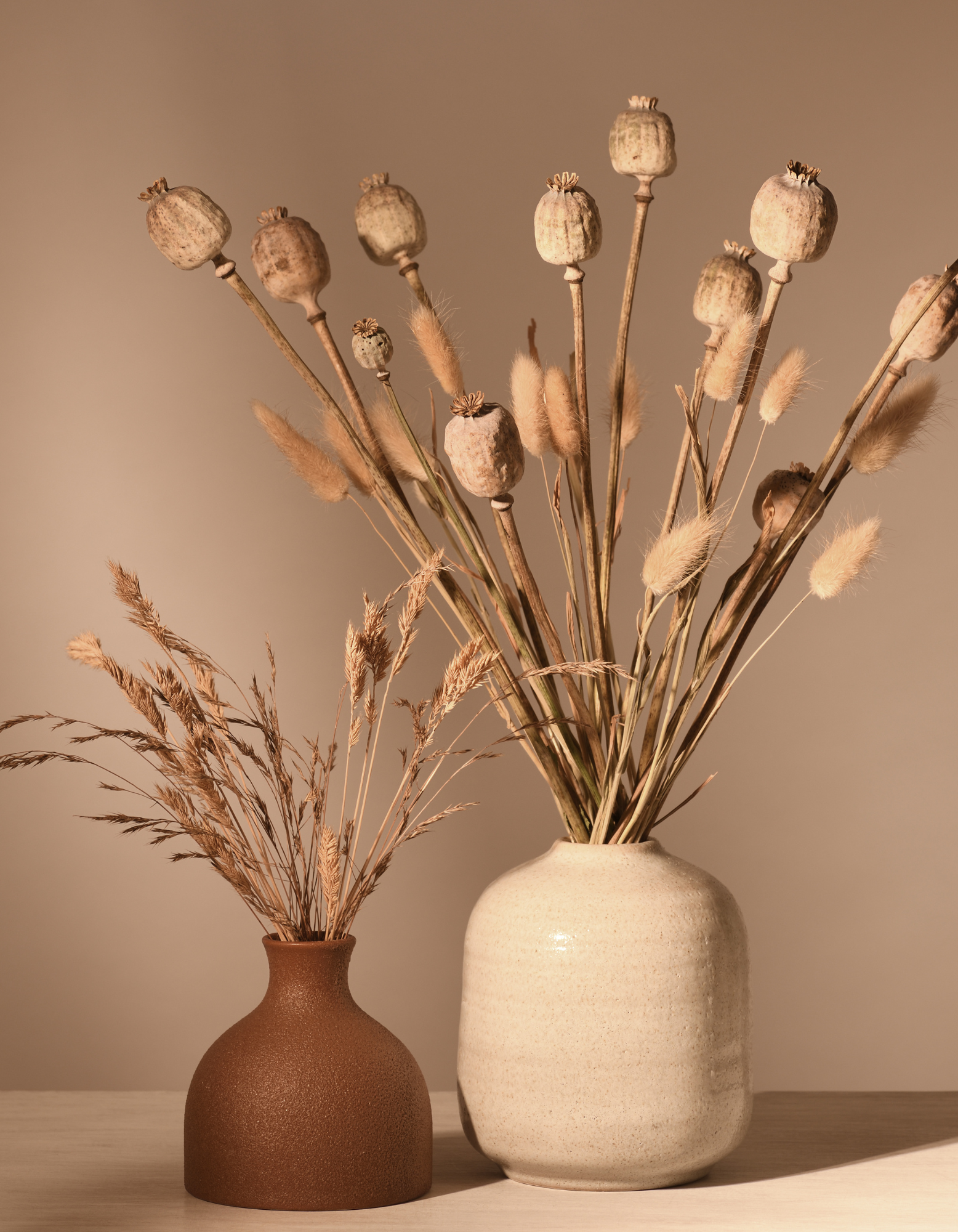 Two ceramic vases with dried plants inside, one brown and one white, placed on a light wooden surface against a plain background.